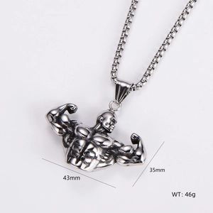 Vintage stainless steel bodybuilder pendant necklace with skull star motif, silver finish