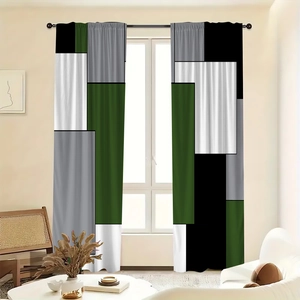 Modern geometric color block polyester curtains in dark green and grey patchwork