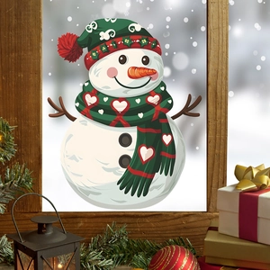 Festive Christmas snowman window sticker with red scarf on glass with winter background