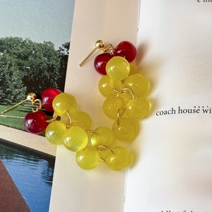 Détail de boucles d'oreilles grappes avec perles en résine rouges et jaunes sur un livre