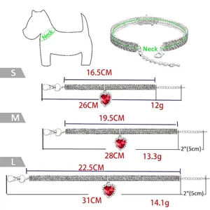 Sparkling pet collar with red heart pendant and rhinestone charms for small dogs or cats