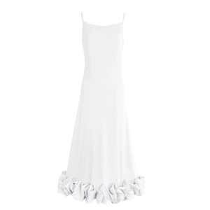 Detailed close-up of layered ruffles and textured pleats on a white A-line evening dress