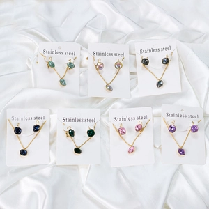 Stainless steel jewelry sets with colorful square crystals in seven vibrant colors