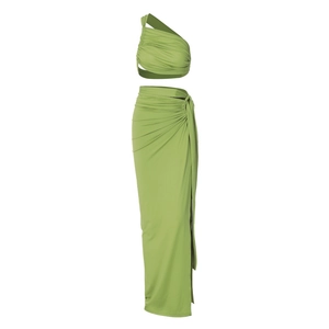 Two-piece olive green summer set with one-shoulder crop top and long split wrap skirt