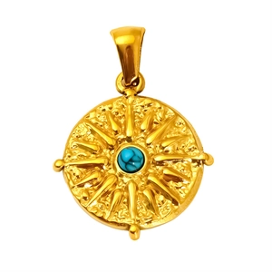 Vintage 18K gold-plated stainless steel necklace with sunburst turquoise pendant