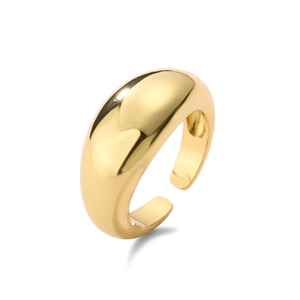 Detailed view of polished gold brass open ring with a minimalist wide band design