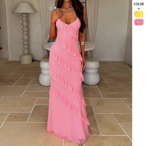 Sexy Spaghetti Strap V Neck Ruffle Layered Maxi Dress Backless Slim Fit Polyester Summer Party For Women