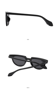 Detailed side and back views of stylish black fashion sunglasses showing frame curvature
