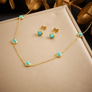 Vintage Round Turquoise Stainless Steel Jewelry Necklace And Stud Earrings For Women Gold Plated Chain Minimalist