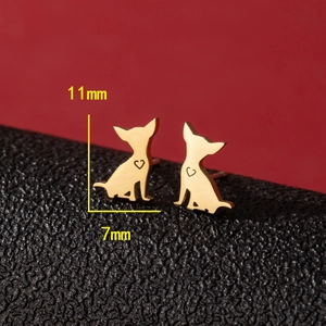 Golden Chihuahua dog silhouette earrings with hollow heart detail in polished steel