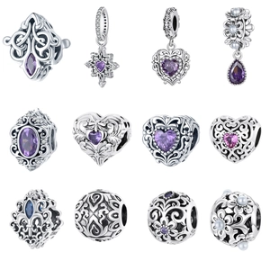 925 Sterling Silver Charms Beads Vintage Court Style Hollow Floral Heart With Purple Zircon Artificial Pearl For DIY Bracelet Necklace
