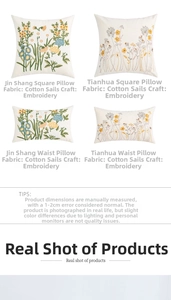 Detailed view of floral embroidery patterns on cotton canvas cushion covers in grid layout