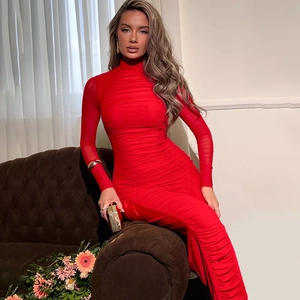 Detail of red long sleeve dress with high neck and elegant ruched pleats