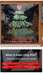 Macro detail of red and green Christmas tree window sticker with Merry Christmas text