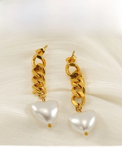 Detailed close-up of the heart-shaped pearl drop earrings on a soft silk background