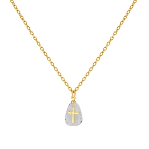 Detailed macro view of a gold chain necklace with a grey natural stone cross pendant
