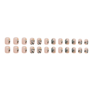 Short tropical leaf press-on nails set with 24 pieces in minimalist nude and green colors
