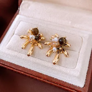 Flower Stud Earrings With Tiger Eye Artificial Pearl Glass And 925 Sterling Silver Earring Post Vintage Luxury Gold Plated Jewelry