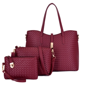 Ensemble de 3 sacs bordeaux en cuir tressé avec grand cabas et petite bandoulière