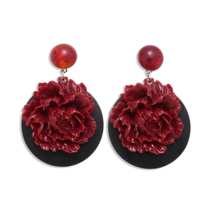 Boucles d'oreilles florales en bois et résine rouge et noir style vintage ethnique