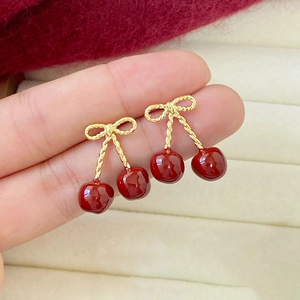 Cherry Bow Knot Drop Earrings With Silver Earring Post Sweet Resin Fruit Jewelry For Women Girls Retro Style