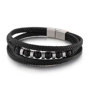 Men's multilayer black braided leather bracelet with silver metallic beads and magnetic clasp
