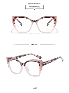Dettaglio dei profili anteriore e laterale delle montature per occhiali cat-eye rosa fiori