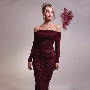 Slim fit burgundy mesh off-shoulder ruched long sleeve bodycon dress with pleats