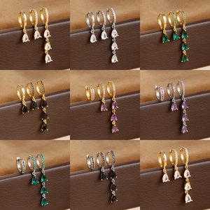 Fashion Copper Teardrop Pendant Hoop Earrings Zirconia Inlaid Triple Earrings For Women Gold Silver Triple Earring Trio