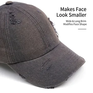 Casquette de baseball en jean délavé gris foncé avec détails déchirés style urbain