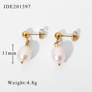 18K gold stainless steel earrings with 11mm white irregular pearls and gold clasps