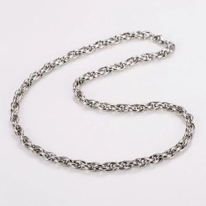 Detailed macro shot of a 7.5mm silver stainless steel twisted rope chain necklace