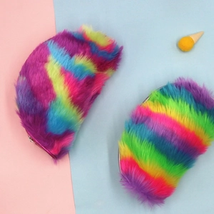 Rainbow faux fur makeup bag and pencil case with colorful plush texture and zipper