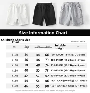 Detailed size chart for kids sports shorts including age, height, and hip measurements