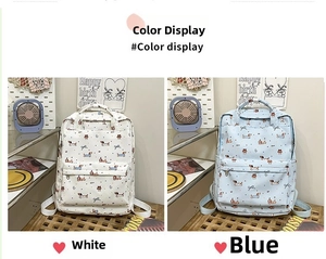 Detail view of graffiti puppy backpacks showing white and blue contrast color designs