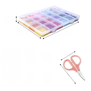 Detailed DIY jewelry kit view including a 24-grid bead box, elastic cord, and metal tools