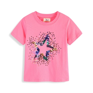 T-Shirt Rose À Manches Courtes Pour Filles Coton Étoile En Séquins Broderie Été Respirant Décontracté Haut Enfant