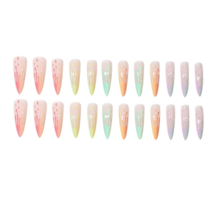 Unghie finte stiletto sfumate arcobaleno con design artistico a goccia colorata