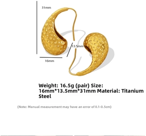 Detailed specs for teardrop earrings with hammered texture in 18K gold plated steel