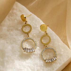 Luxurious gold-plated double hoop earrings with heart-shaped zircon and geometric accents