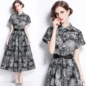 Toile De Jouy Animal Print Midi Shirt Dress Short Sleeve Lapel Collar Button Up With Belt For Women Elegant Vintage