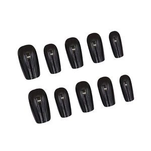 Glossy black coffin press-on nails set with shiny finish in a minimalist double row layout