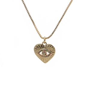 Bohemian gold heart necklace with zircon evil eye pendant on a delicate box chain