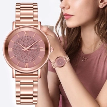 Close-up and model view of rose gold quartz watch with diamond-set dial and mesh band