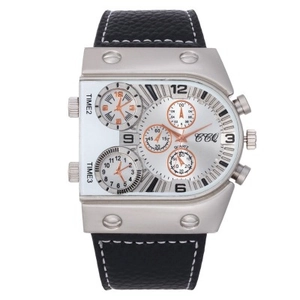 Montre à quartz de sport pour homme avec grand cadran multiple et bracelet en cuir noir