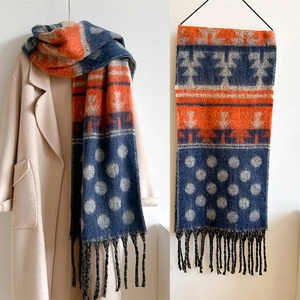 Polka Dot Geometric Pattern Tassel Scarf Thick Warm Imitation Cashmere Color Block Winter Shawl For Women
