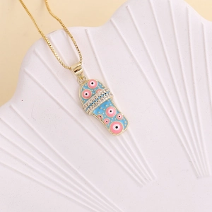 Chic gold slipper pendant necklace with colorful enamel eyes and zircon accents