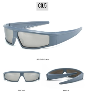 Detail views of Y2K sports sunglasses with grey-blue matte frames and large silver lenses