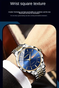 Detail of DEDIMA men's watch with blue sunray dial and dual calendar on steel strap