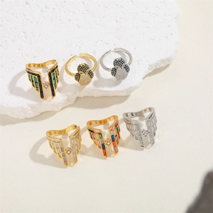 Zircon penguin and wing adjustable open rings in 14K gold and silver plated finish